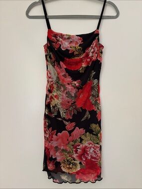 superdown Black Slip Dress with Red & Pink Floral Print